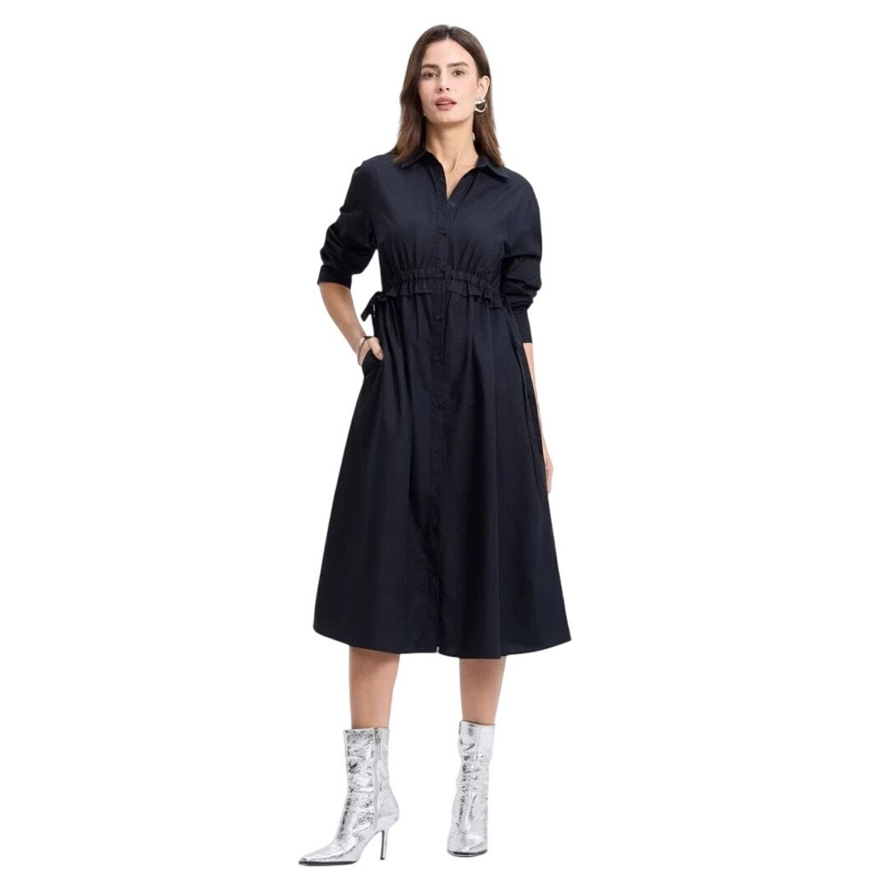 A New Day Women's Black Long Sleeve Button Front Midi Shirt Dress Size Small